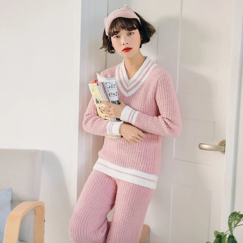 Зима, пижама для колледжа, Женский бархатный пижамный комплект с v-образным вырезом, утолщенная теплая Домашняя одежда, Женская Повседневная Пижама, мягкая Пижама, костюм