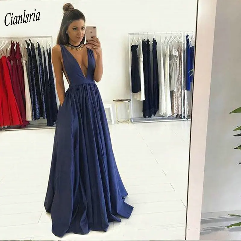 

Sexy Deep V-Neck Navy Blue Long Evening Dresses 2020 Sleeveless Simple Formal Evening Party Dress