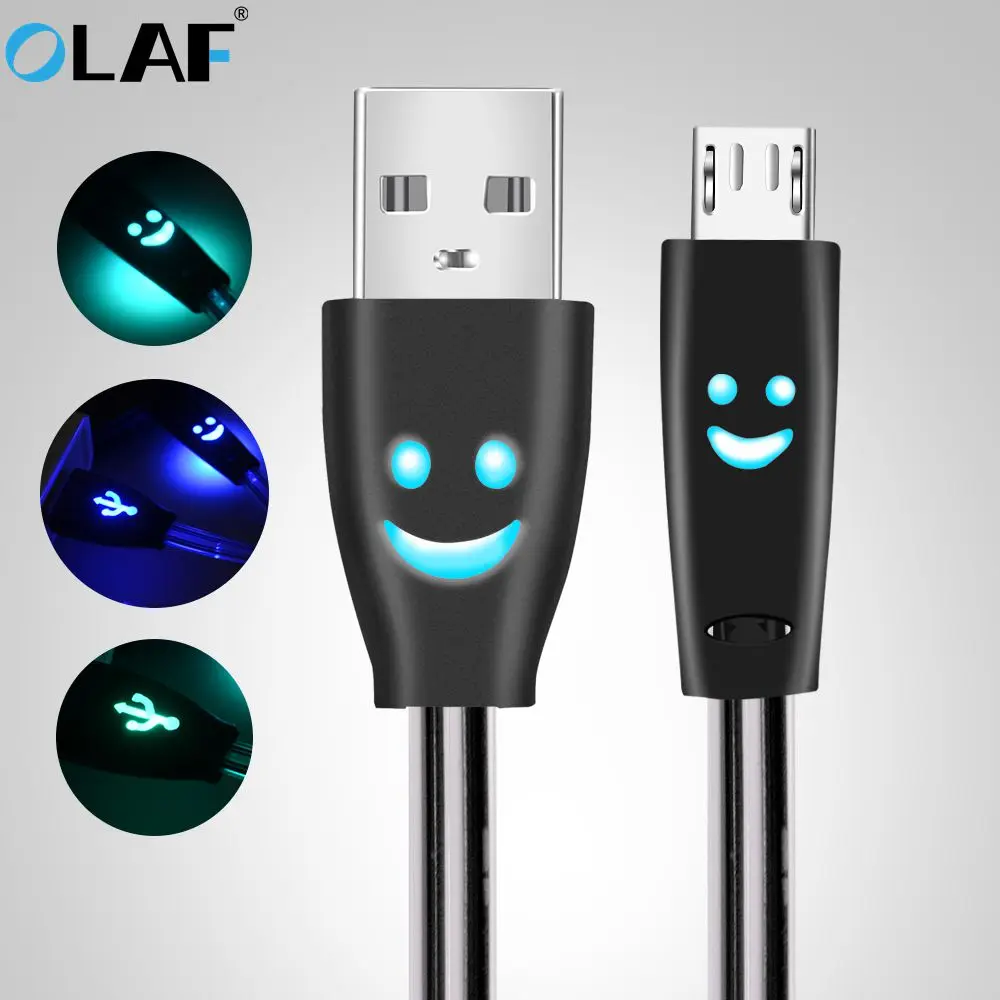 Олаф микро USB светящийся светодиодный светильник Быстрая зарядка данных улыбка мобильный телефон кабель для samsung Xiaomi Redmi Android usb зарядный шнур 1 м