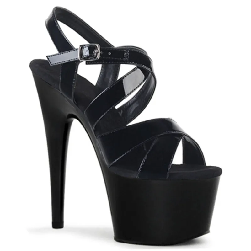

High-heeled women's night club waterproof platform fine heel catwalk shoes 15cm thick black leather sandals with bright soles