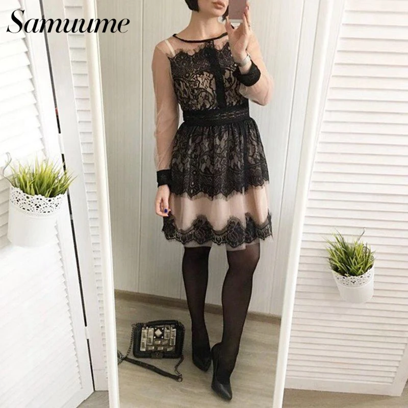 Samume элегантное лоскутное кружевное платье 2018 модное с круглым вырезом коротким