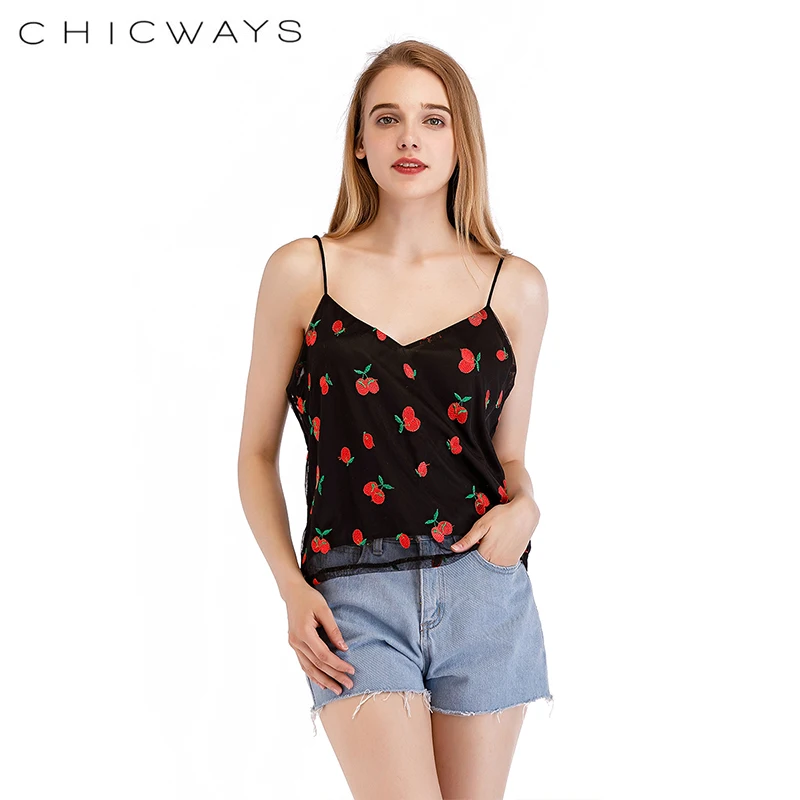 CHICWAYS Сексуальная спинки сетки майки Embroiderd цветочный вишни Спагетти ремень топы
