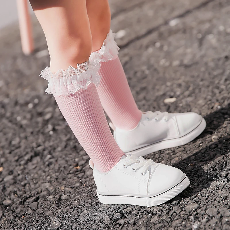 Кружевные гольфы для девочек Длинные теплые детские белые черные Хлопковые