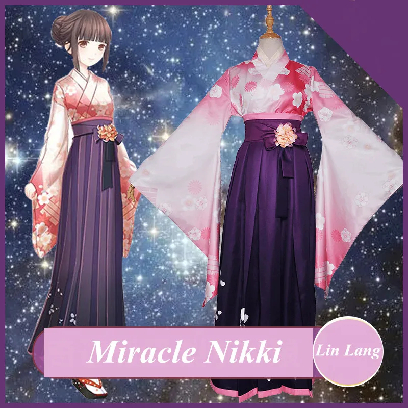Anime! Miracle Nikki Lin Lang Pear Court Flowers Kimono Uniform Cosplay Costume Female Ancient Style Dress Free Shipping |