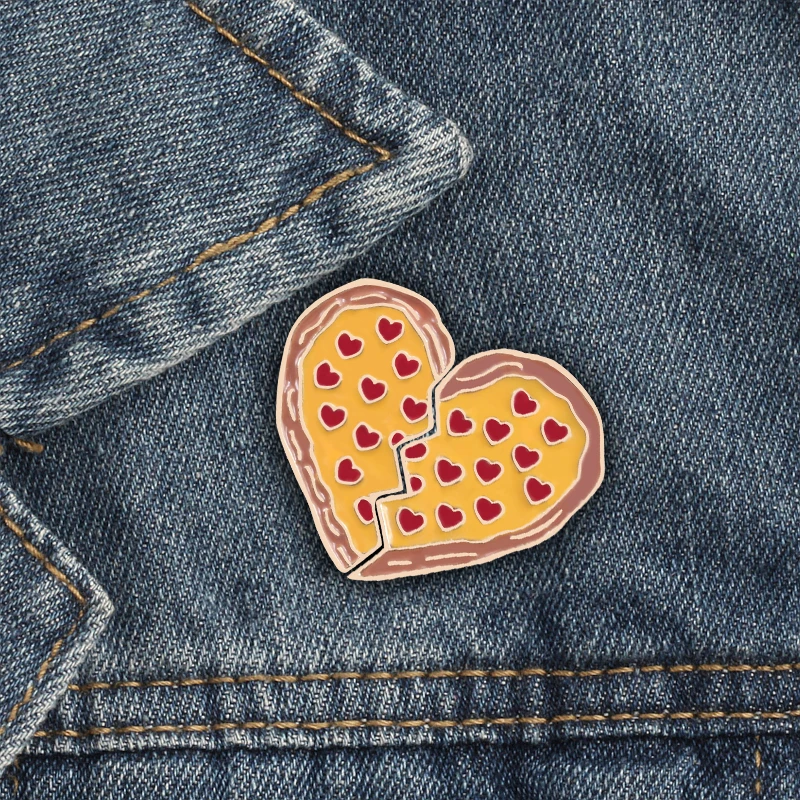 

New 2 Pcs/Set Broken Pizza Heart Shaped Enamel Pin Brooch Clothes Backpack Accessories Pins Badge Brooches Jewelry Gift For Kids