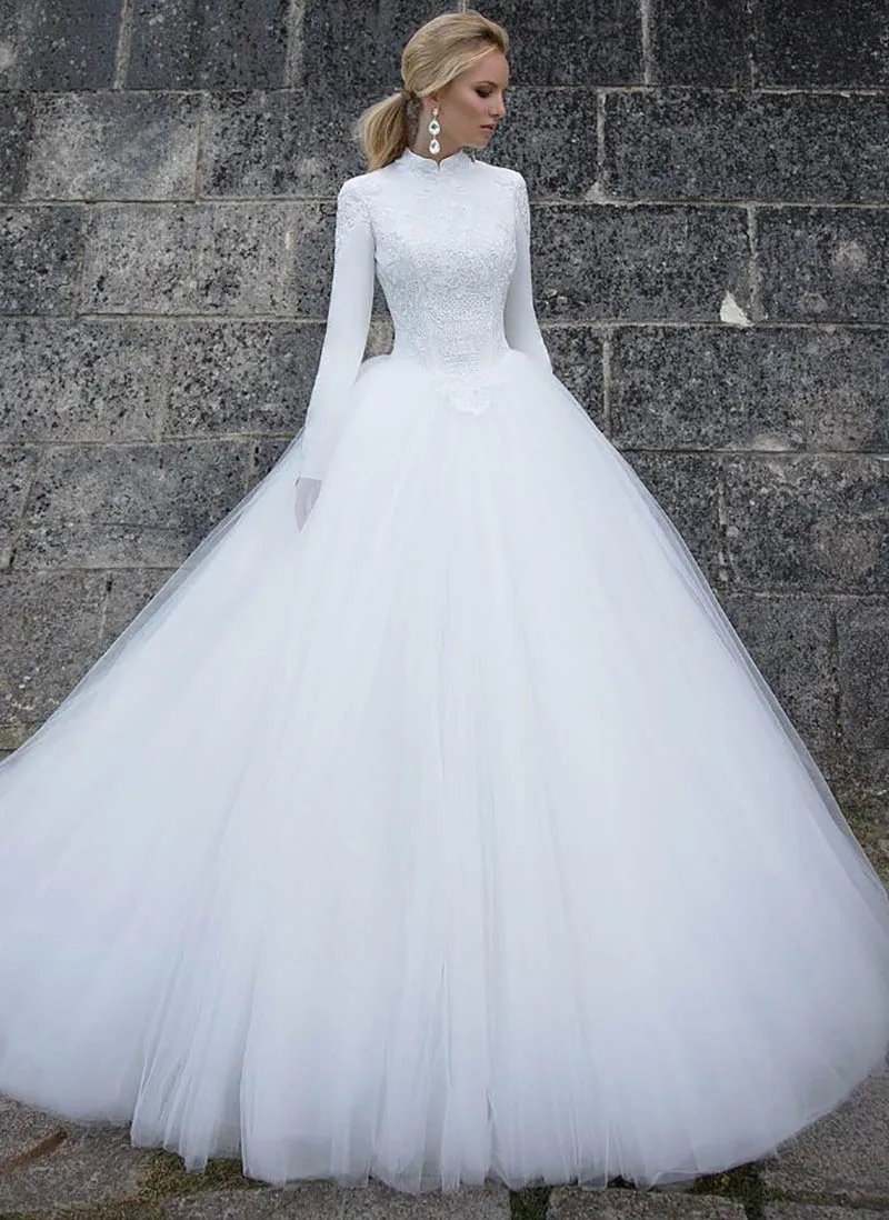 

Lorie Muslim White Wedding Dress Long Sleeves Bride Dress 2019 Vestido Noiva Vintage Tulle High Neck Turkey Long Bridal Gowns