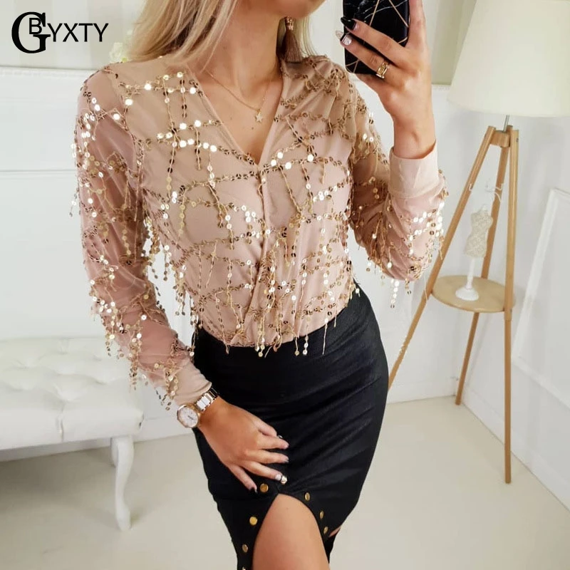GBYXTY Back Transparente Blusa Элегантные Блестки блузка рубашка женские топы с длинным