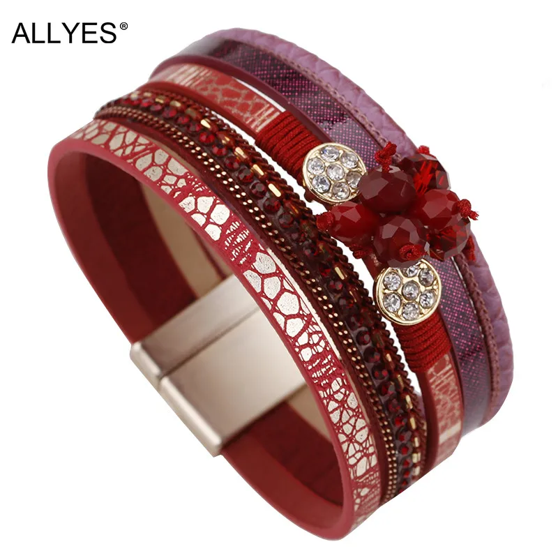 ALLYES, женский кожаный браслет, Femme, богемный стиль, многослойный, Кристальные бусины, винтажные женские браслеты и браслеты, ювелирные изделия - Окраска металла: Red