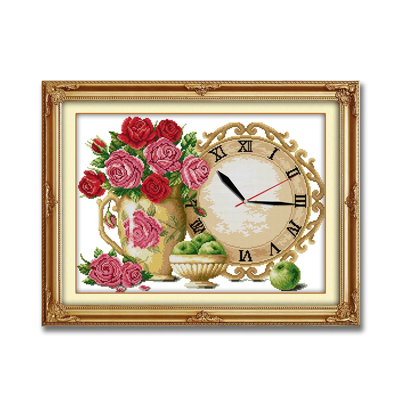 Набор для вышивания цветов вазы с часами розами и принтом на холсте DMC 14CT 11CT