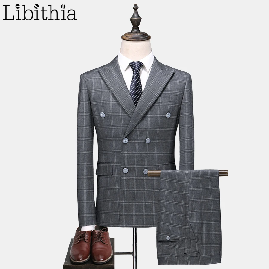 Мужские костюмы в клетку из 3 предметов плотный двубортный Блейзер пиджак брюки