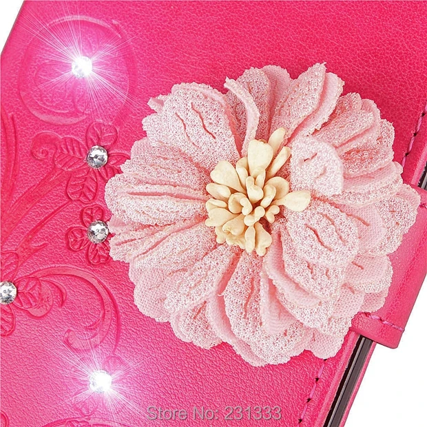 Кожаный чехол кошелек с объемным бриллиантом и блестящим цветком для Samsung Galaxy J6