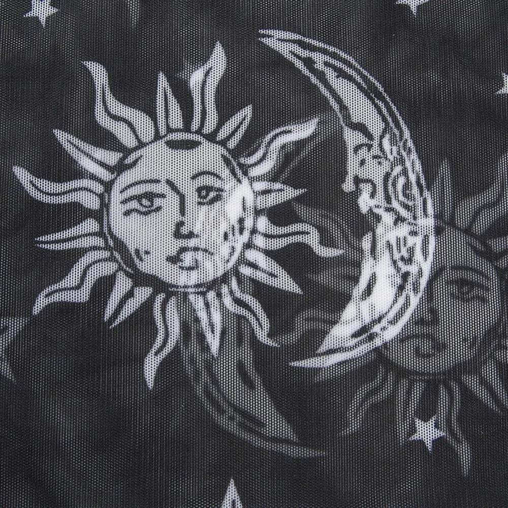 Прозрачный сетчатый топ Mode schwarz weibliche футболка Sonne Mond Sterne druck langarm укороченный Camiseta 2019|Футболки| |