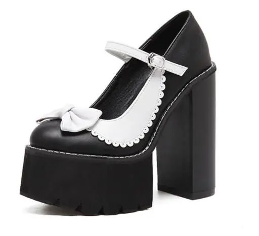 

Newest Women Black And White Butterfly Knot Decoration Round Toe Pumps Fashion Platform Ankle Buckle Stap High Square Heel Shoes