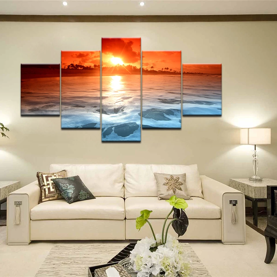 Wall Art Canvas Painting Living Room Modular HD Print Pictures 5 Pieces Blue Sea Beach Island sunset Seascape Posters Home Decor | Дом и сад