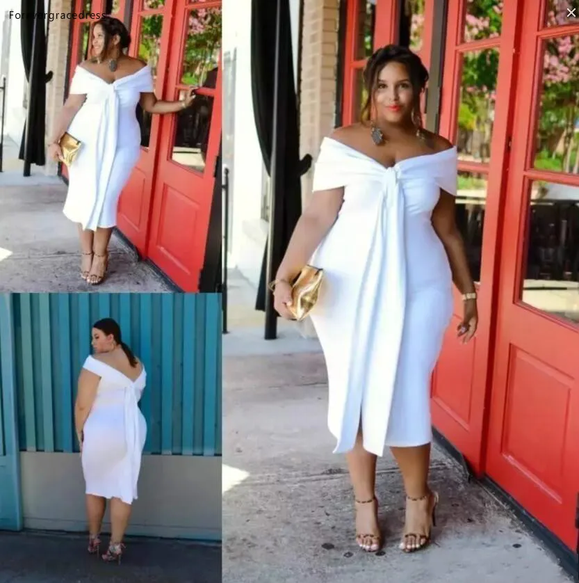

2019 Cheap African Simple Cocktail Dress Off Shoulder Backless Tea Length Formal Wear Evening Prom Party Gown Plus Size