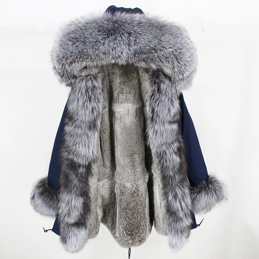 OFTBUY, пальто с натуральным мехом, зимняя куртка, Женская длинная парка, натуральный мех серебристой лисы, воротник с капюшоном, подкладка из натурального кроличьего меха, Толстая теплая брендовая