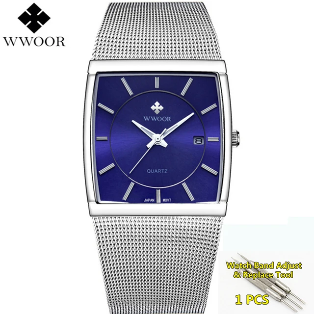 silver blue Мужские часы Топ люксовый бренд WWOOR водонепроницаемые Бизнес Кварцевые Квадратные золотые часы мужские модные наручные часы для мужчин - Цвет: silver blue