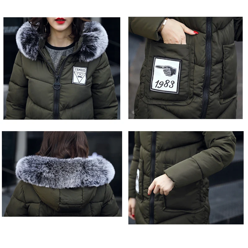 

Nice Fur Collar Women Winter Thicken Warm Appliques Number Coat Hooded Long Parka Female Outerwear Slim Jacket Chaqueta Feminino