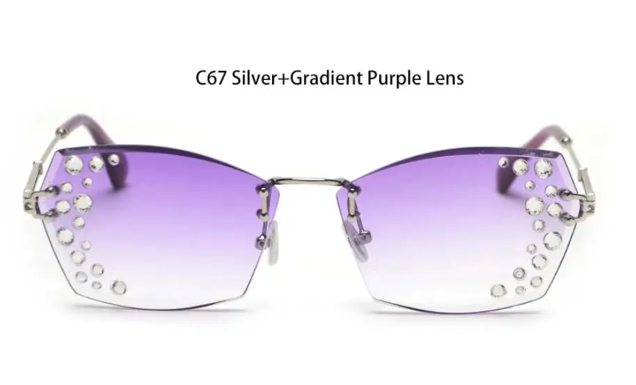 C67 silver purple Прямоугольные солнцезащитные очки без оправы, модный бренд, женские Стразы, градиентные солнцезащитные очки, серые, розовые, роскошные фиолетовые очки - Цвет линз: C67 silver purple