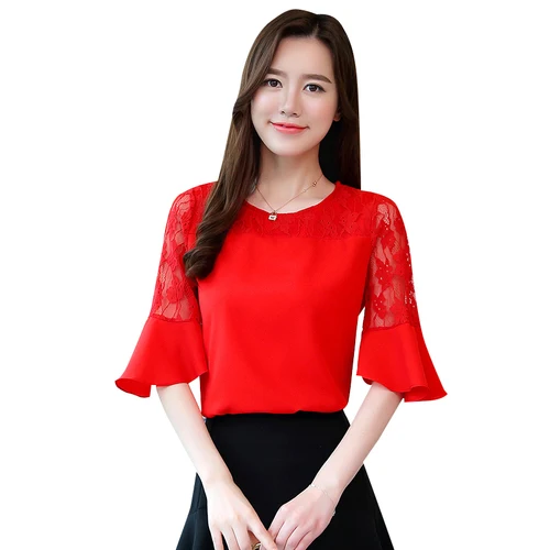 

blouses woman blusas mujer de moda 2019 ladies tops camisa femenina Lace Flare Sleeve O-Neck women blouses white blouse 4949 50