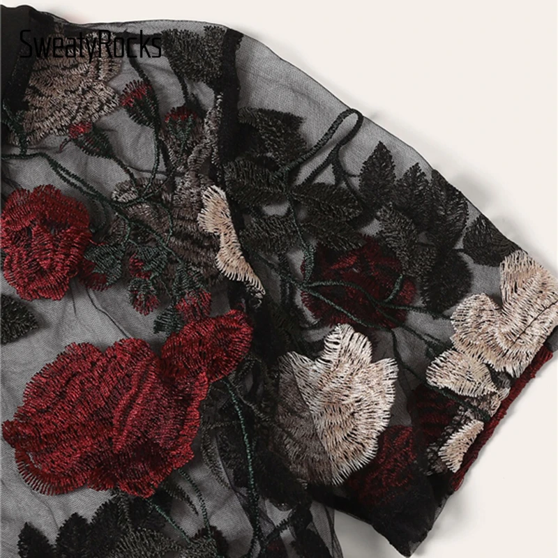 SweatyRocks, блузка с цветочной вышивкой, короткий рукав, Круглый ворот, уличная одежда, сексуальные топы, модные летние повседневные блузки
