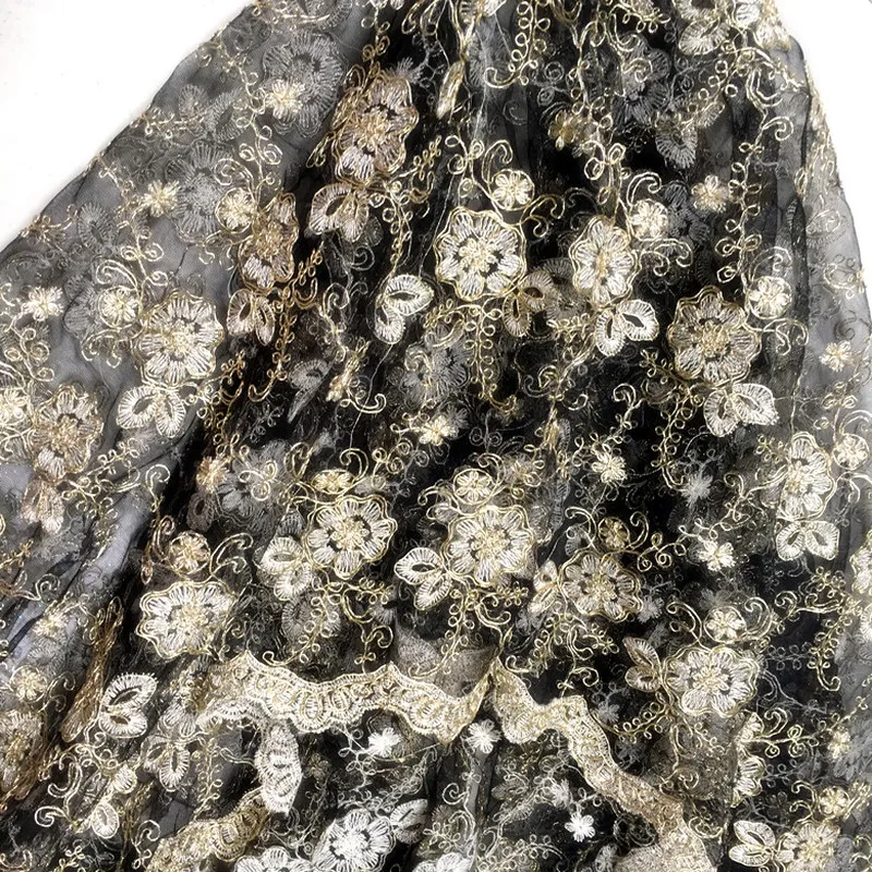 GLace 1Y/лот чёрное золотое кружево с вышивкой косточек на сетчатой ткани для свадебного платья и высококачественных аксессуаров одежды TX1202.