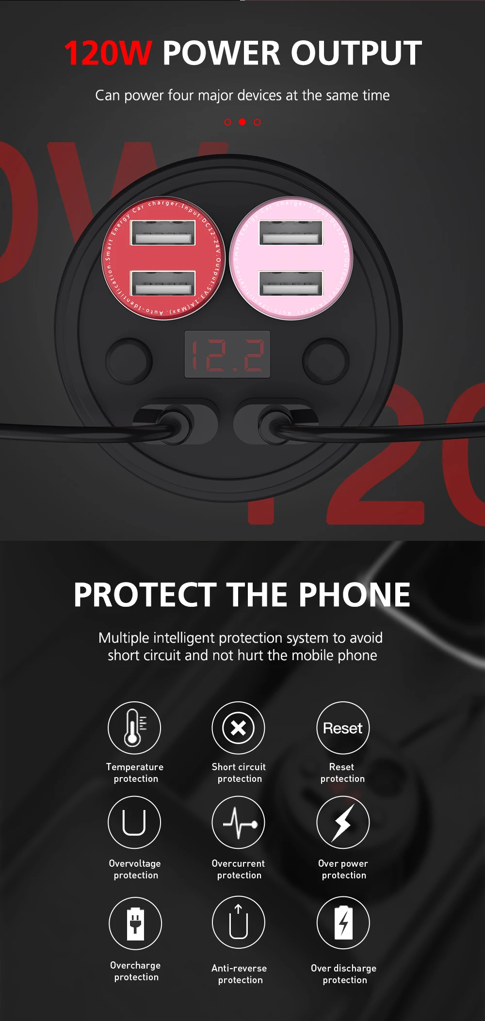 KEYSION 3.1A/120W Dual USB Car Charger Cup Charging LED Digital Display Phone Charge With 2 Cigarette Lighter Socket For GPS DVR