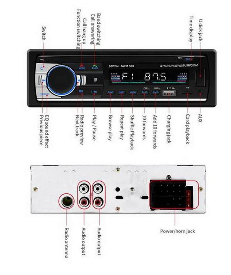 1 Din " lcd AUX 530 MP3 аудио автомобильный радиоприемник проигрыватель RCA USB 2,1 Bluetooth 4,0 FM пульт дистанционного управления U диск в тире DC 12 В стерео