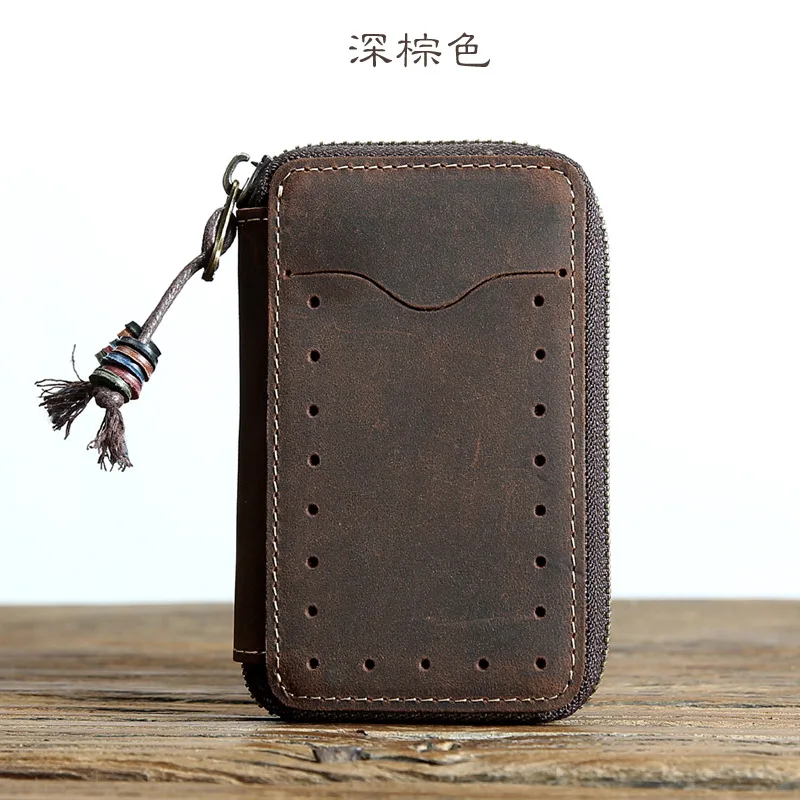 Retro Real Genuine Leather Key Wallet Women Keychain Covers Zipper Case Bag Men Keys Holder Housekeeper Organizer Handmade - Цвет: Dark brown