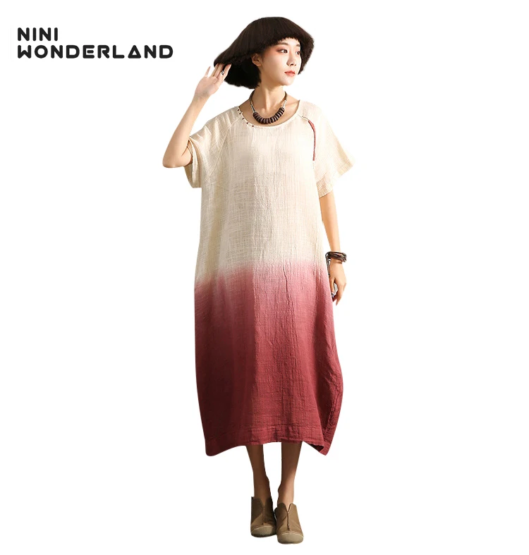 NINI WONDERLAND/Летние Повседневные платья из хлопка и льна с градиентом женское платье