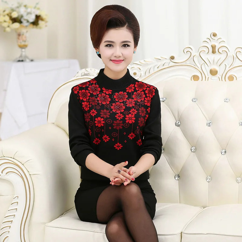 Knitting Mother Clothing Floral New Women's Autumn Winter Turtleneck Sweater Pullover Casual Long-sleeve Knitted Basic Shirt Top | Женская