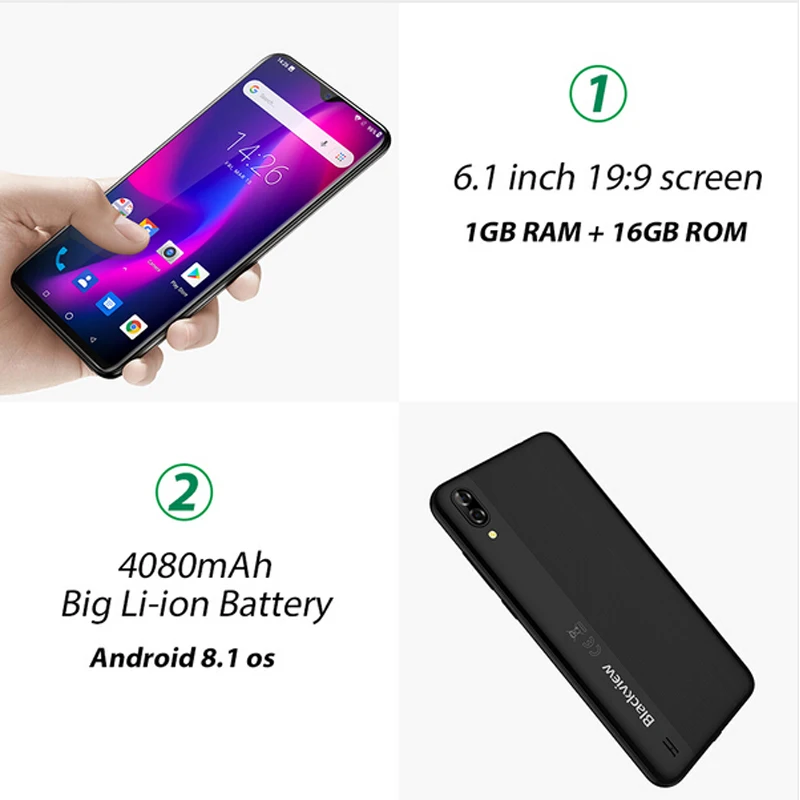 Смартфон Blackview A60 4080 мАч Android 8 1 ГБ ОЗУ 16 Гб ПЗУ четыре ядра 19:9 6 дюйма две sim карты 13