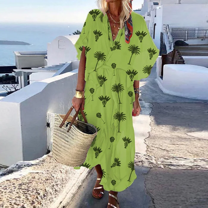 Print Green Lipswag богемное Женское Платье макси с коротким рукавом, летнее сексуальное пляжное платье с v-образным вырезом, Vestidos, одноцветное повседневное свободное платье для вечеринки - Цвет: Print Green