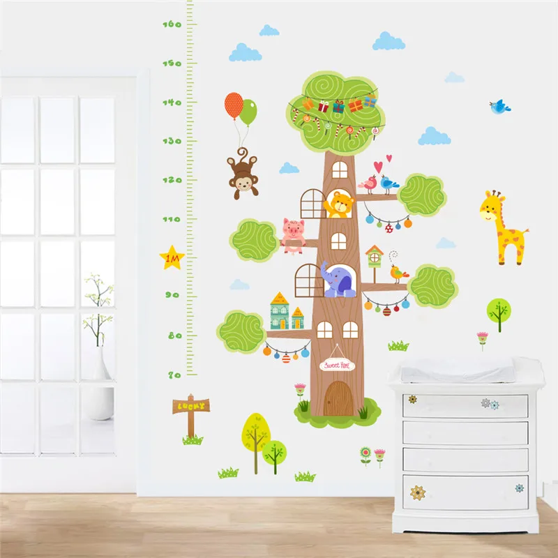 Лес Животные Дерево дом Высота Мера настенные наклейки для детей комнаты