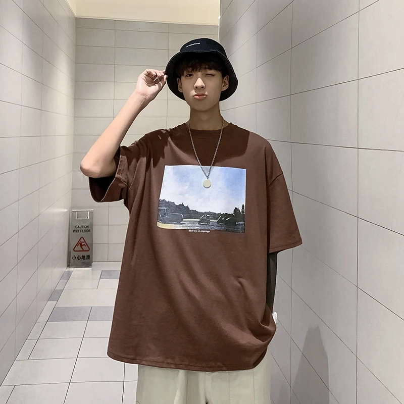 Summer New Korean Version Of The European And American Harajuku Style Trend Handsome Wild Casual Short-sleeved T-shirt M-XL - Цвет: Coffee