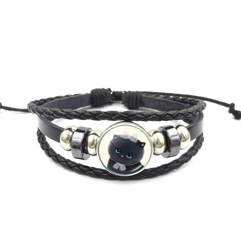 XUSHUI XJ Fashion Cute Cat Charm Bracelets &amp Bangles Glass Cabochon Punk Jewelry Black Multilayer Leather Bracelet Women Men | Украшения