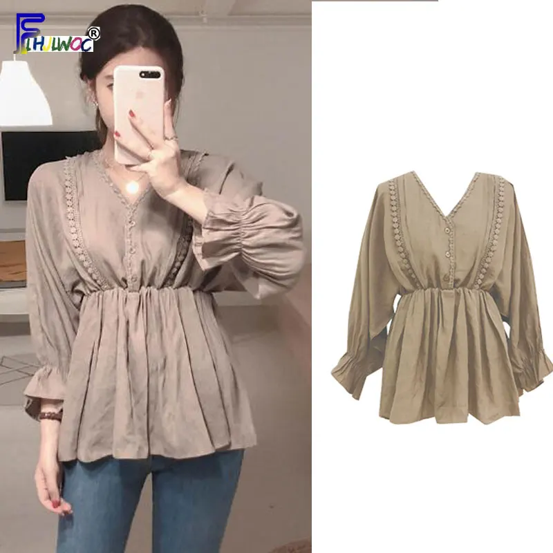 

Cute Sweet Tops Woman Long Sleeve Basic Korea Japan Style Preppy Girls Button Shirt Blouse Belly Peplum Tops 7023