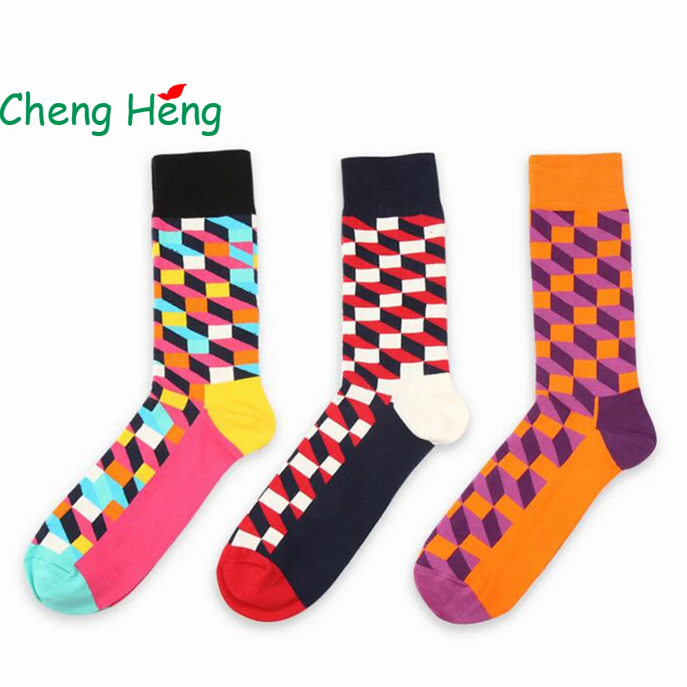 

Cheng Heng 12 Pairs/Bag Products Hot Sale British Style Hit color Men's Cotton Socks Personality Pattern Men Middle Tube Socks