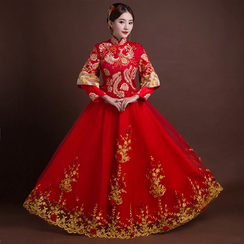 Women Traditional Cheongsam Wedding Gowns Bride Red Chinese Dress Qipao Phoenix Embroidery Robe Oriental Style Dresses | Тематическая