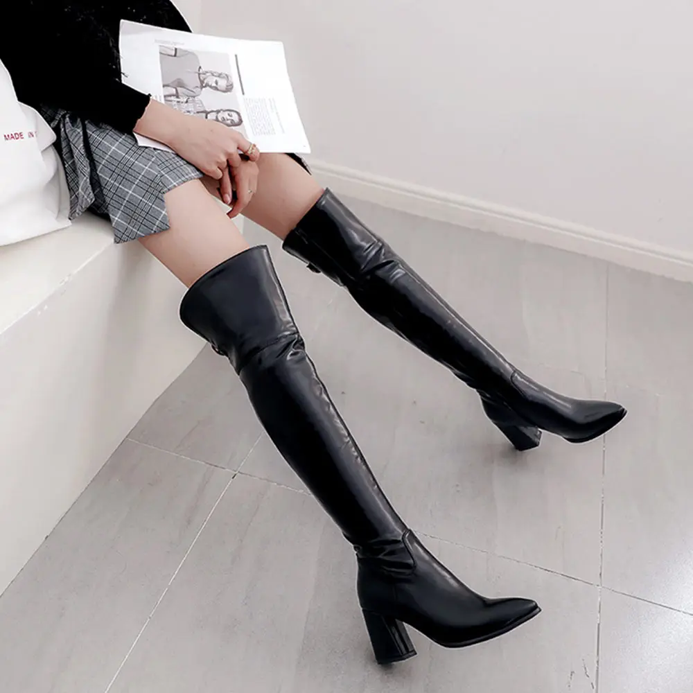 Lasyarrow/Сапоги на молнии; botas femininos; рыцарские сапоги на высоком массивном каблуке; черные, белые высокие мотоциклетные сапоги до бедра; обувь с острым носком