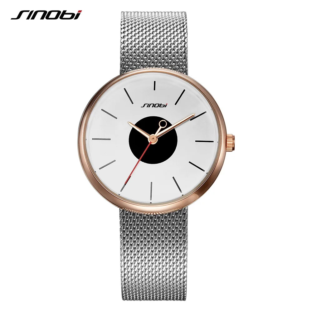 

SINOBI Brand Top Luxury Ultrathin Women Watches Casual Sliver Quartz Wristwatches Creative Mesh Strap Watch Montre Femme Relojes