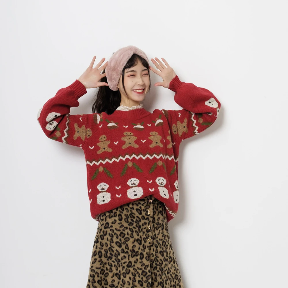Spring Casual Women Pullover Sweater ONeck Cute Bear Snowman Jacquard Vintage Student Girls Knitted Pullovers Tops Red Knitwear | Женская