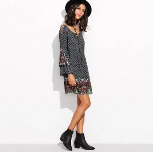 Двойной удачи с винтажным принтом Boho платье Женщины Flare рукавом свободные