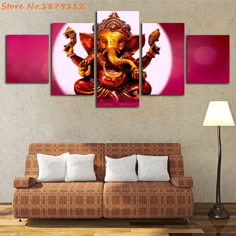 Красивый Lord Ganesha латунная статуя напечатанный холст без рамы 5 панелей спрей