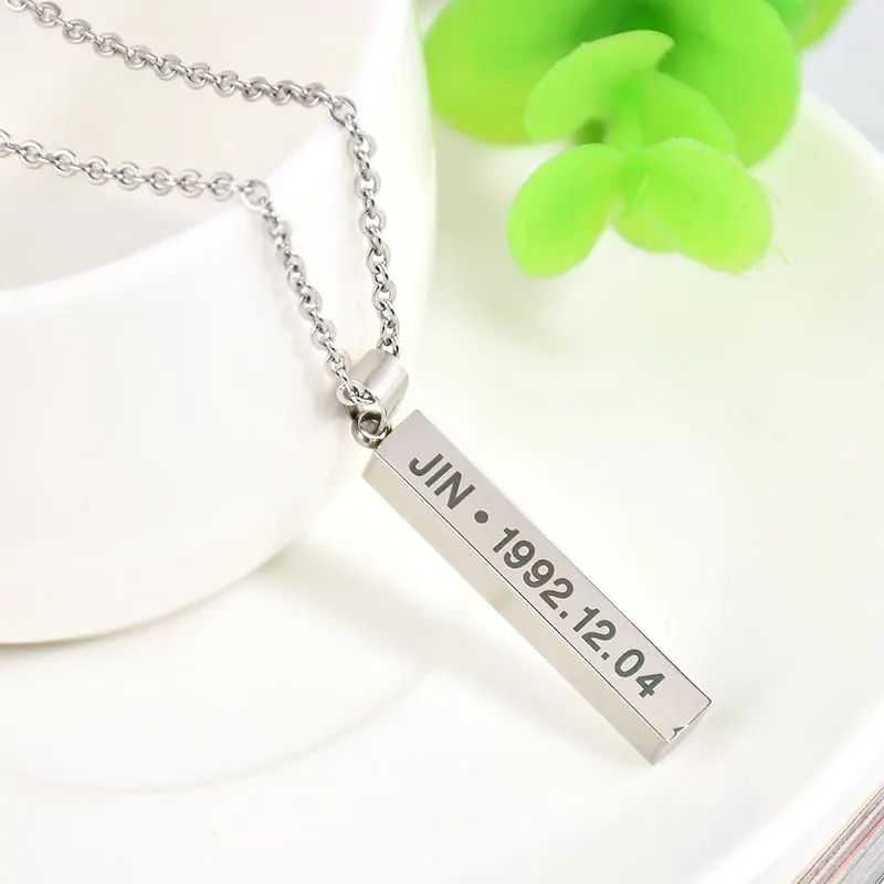 Fashion Members Name Date Cuboid Bar Pendant Necklace Jewelry Silver Titanium Chain Necklaces Pendants | Украшения и аксессуары