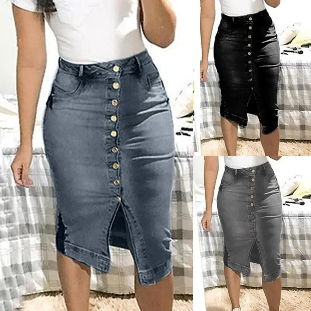 Faldas mujer moda Новая женская джинсовая юбка Лето Кнопка дизайн Сплит спереди открытый Юбки Повседневная юбка плюс размер jupe ED
