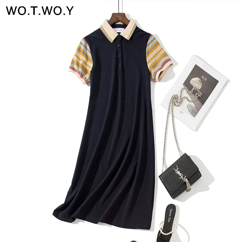 8219Blue WOTWOY красочные полосы вышивка рубашки поло платья для женщин Лето размера плюс M-3XL розовый темно-синий длиной до колена миди женское платье - Цвет: 8219Blue