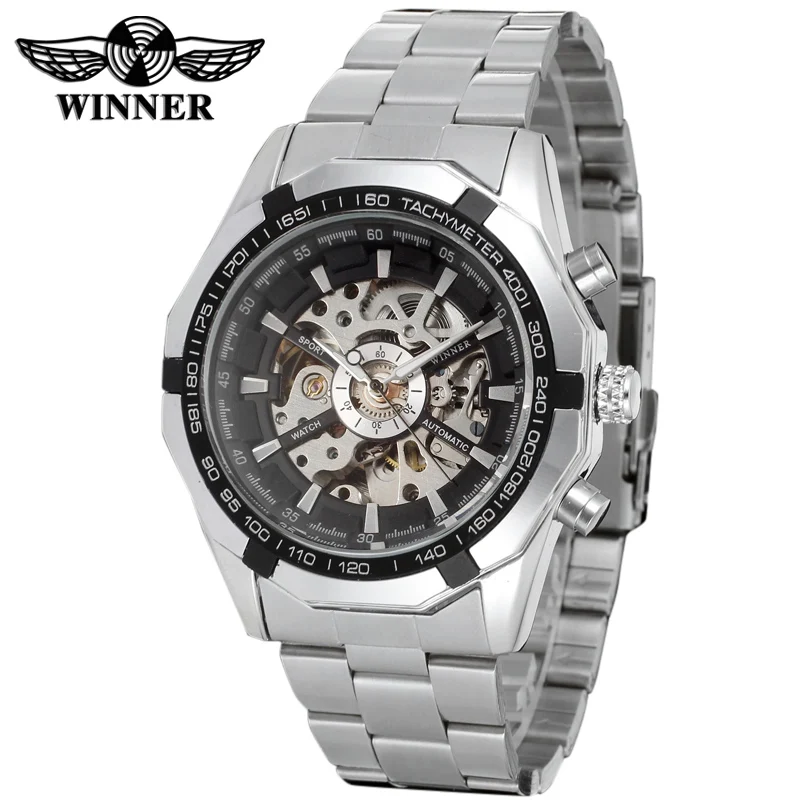 Winner Men Mechanical Wristwatches New Top Quality Skeleton Automatic Stainless Steel Bracelet Fashion Wristwatch Color Black