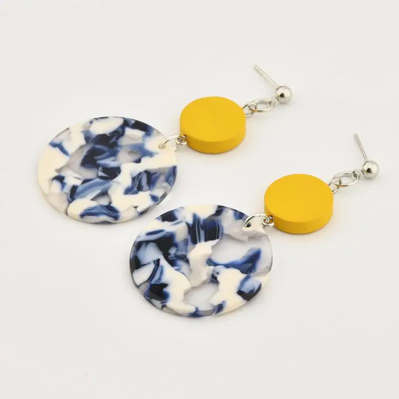 Blue Yellow Корейские массивные деревянные серьги уксусная кислота геометрические круглые акриловые Висячие серьги для женщин серьги Модные ювелирные изделия - Окраска металла: Blue Yellow