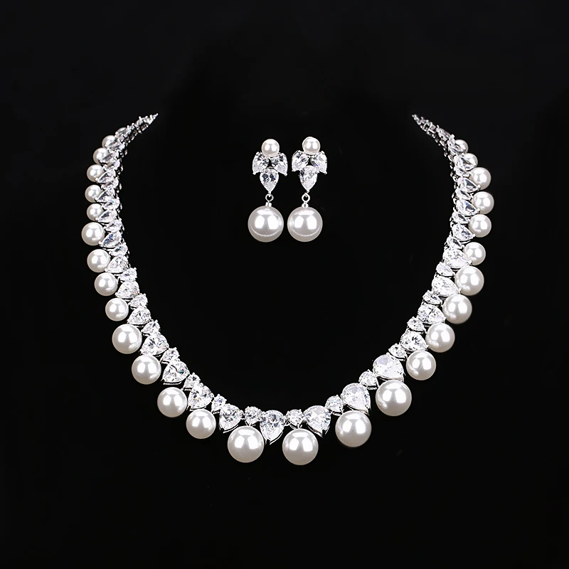 HIBRIDE модный дизайн AAA фианит длина 42 см Ожерелье жемчужная подвеска белый золотой